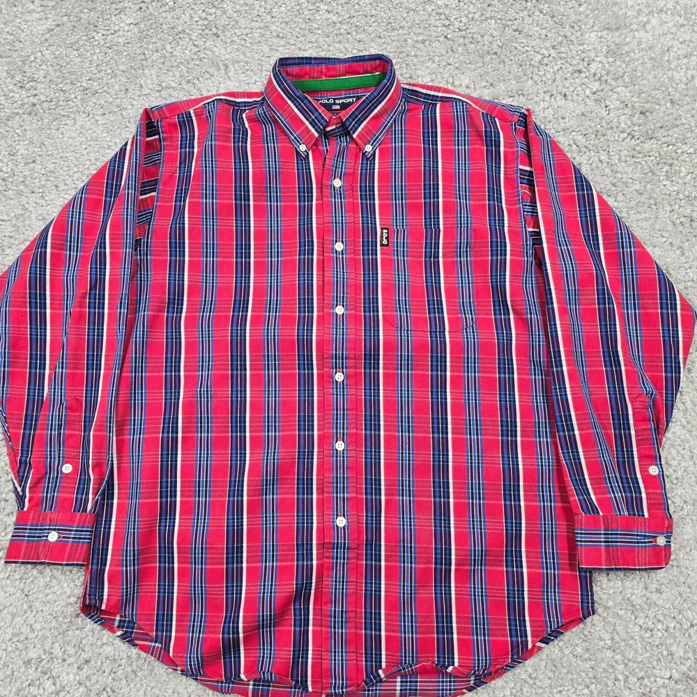 Vintage Polo Sport‎ Button Down Shirt Mens XL Red Plaid Long Sleeve 90s Preppy